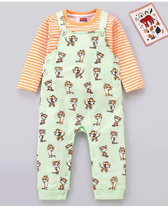 Babyhug Cotton Dungaree and Full Sleeves T-Shirt Set Cat Print - Orange and Green