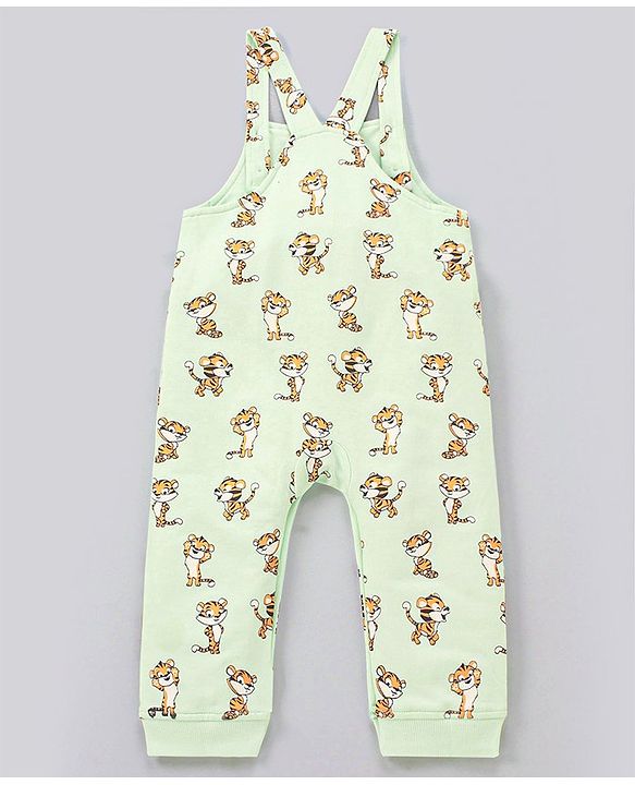 Babyhug Cotton Dungaree and Full Sleeves T-Shirt Set Cat Print - Orange and Green