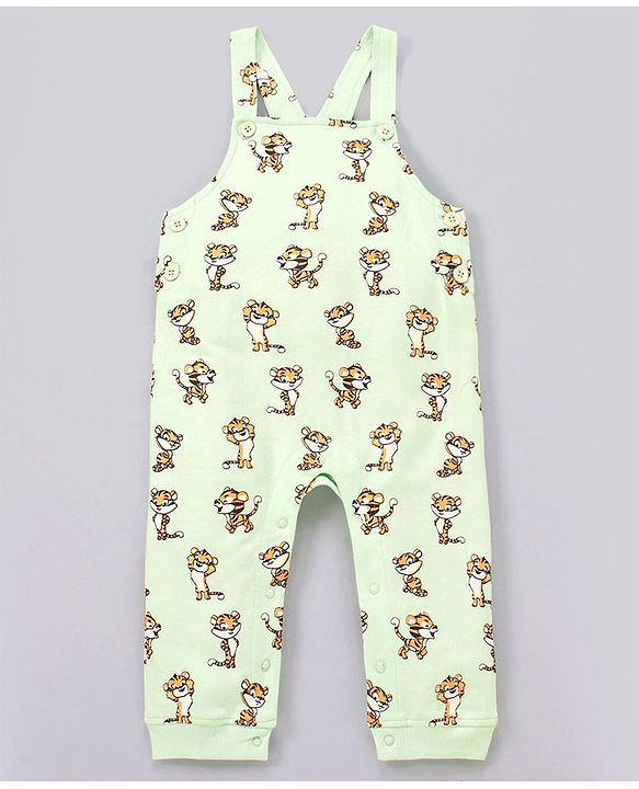 Babyhug Cotton Dungaree and Full Sleeves T-Shirt Set Cat Print - Orange and Green