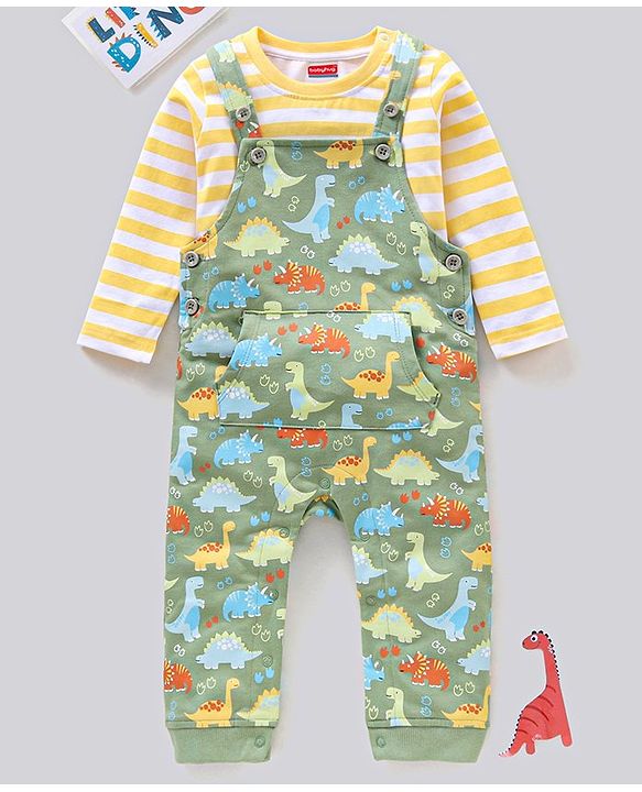 Babyhug Single Jersey Dungaree with Full Sleeves Striped T-shirt - Green and Yellow