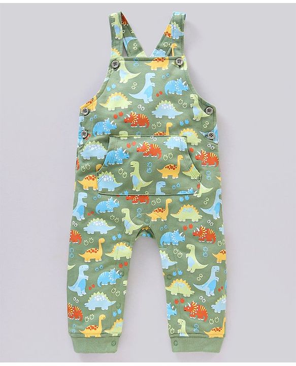 Babyhug Single Jersey Dungaree with Full Sleeves Striped T-shirt - Green and Yellow