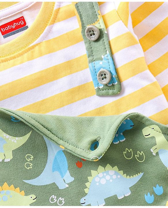 Babyhug Single Jersey Dungaree with Full Sleeves Striped T-shirt - Green and Yellow