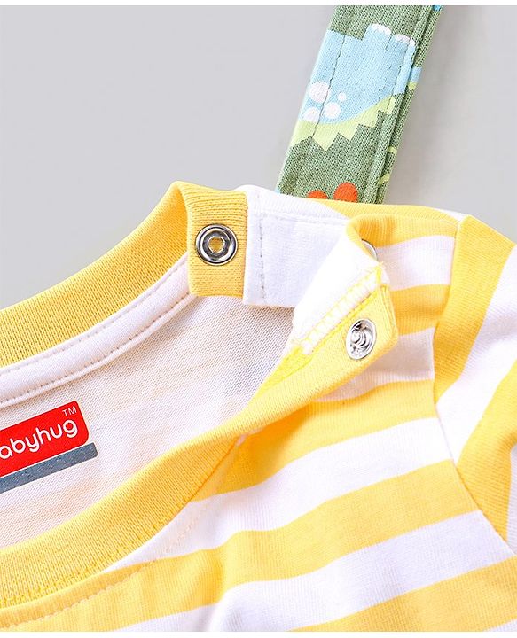 Babyhug Single Jersey Dungaree with Full Sleeves Striped T-shirt - Green and Yellow