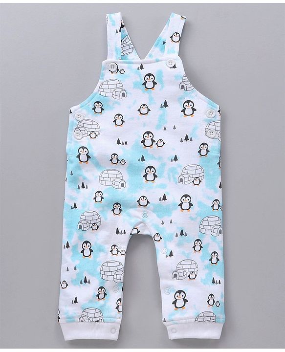 Babyhug Cotton Knit Full Sleeves Solid Tee & Igloo & Penguin Printed Dungaree - Orange & Light Blue