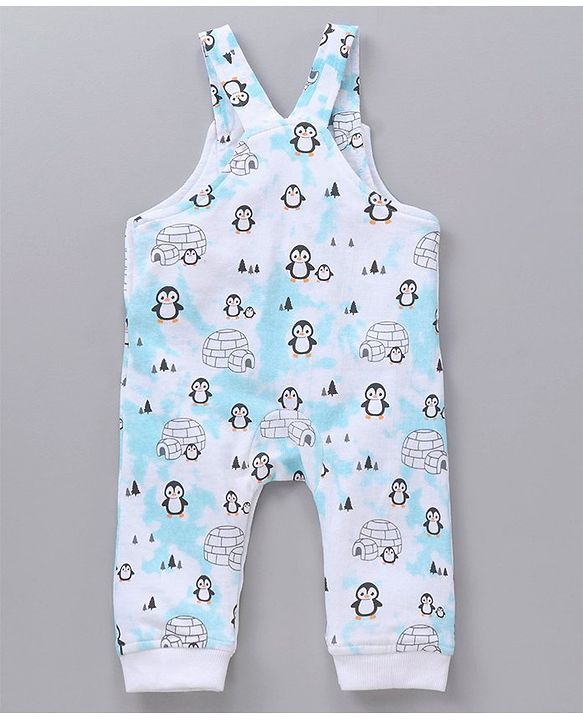 Babyhug Cotton Knit Full Sleeves Solid Tee & Igloo & Penguin Printed Dungaree - Orange & Light Blue
