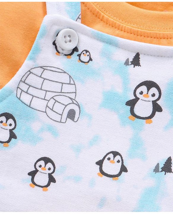 Babyhug Cotton Knit Full Sleeves Solid Tee & Igloo & Penguin Printed Dungaree - Orange & Light Blue