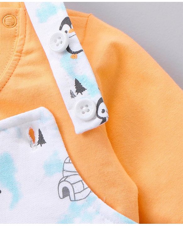 Babyhug Cotton Knit Full Sleeves Solid Tee & Igloo & Penguin Printed Dungaree - Orange & Light Blue
