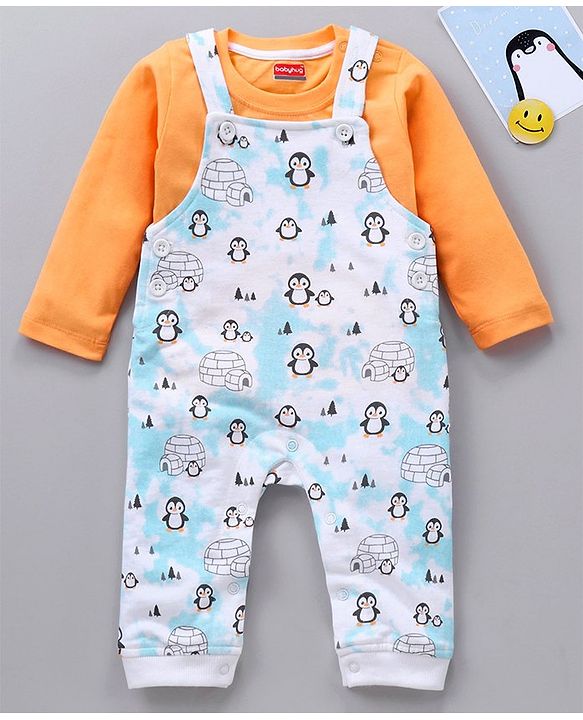 Babyhug Cotton Knit Full Sleeves Solid Tee & Igloo & Penguin Printed Dungaree - Orange & Light Blue