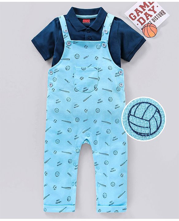 Babyhug Cotton Dungaree with Half Sleeves Solid T-shirt - Blue