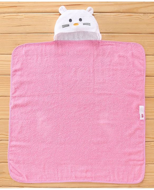 Babyhug Cotton Woven Hooded Cat Embroidery Hodded Towel - Pink