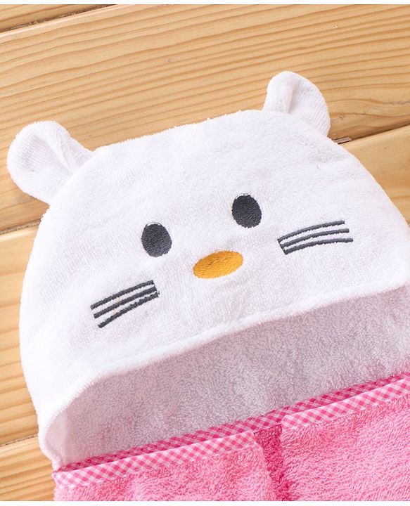 Babyhug Cotton Woven Hooded Cat Embroidery Hodded Towel - Pink