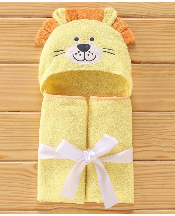 Babyhug Cotton Woven Hooded Lion Embroidery Hodded Towel - Yellow