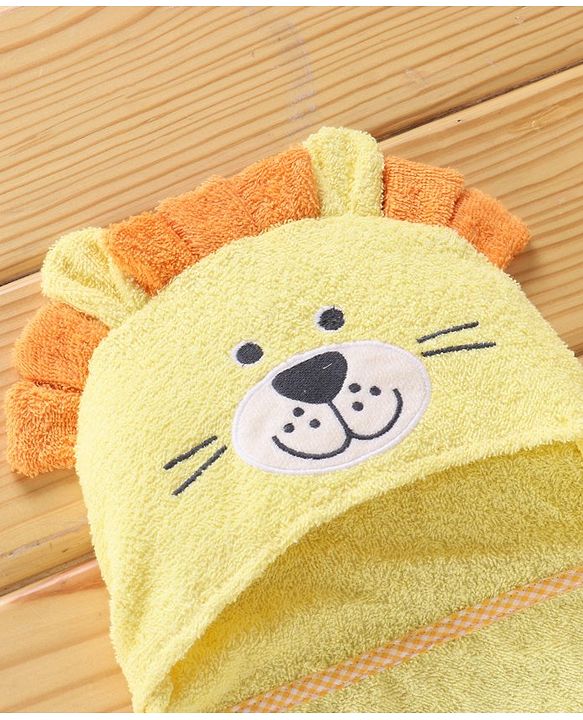 Babyhug Cotton Woven Hooded Lion Embroidery Hodded Towel - Yellow