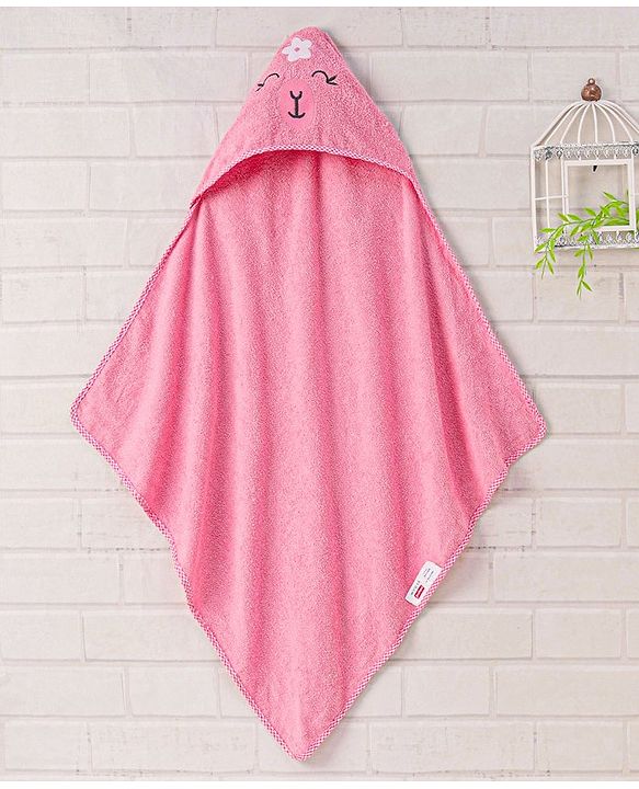 Babyhug Woven Terry Hooded Towel Animal Face Embroidery - Pink