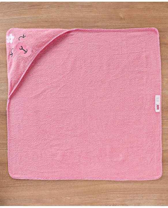Babyhug Woven Terry Hooded Towel Animal Face Embroidery - Pink