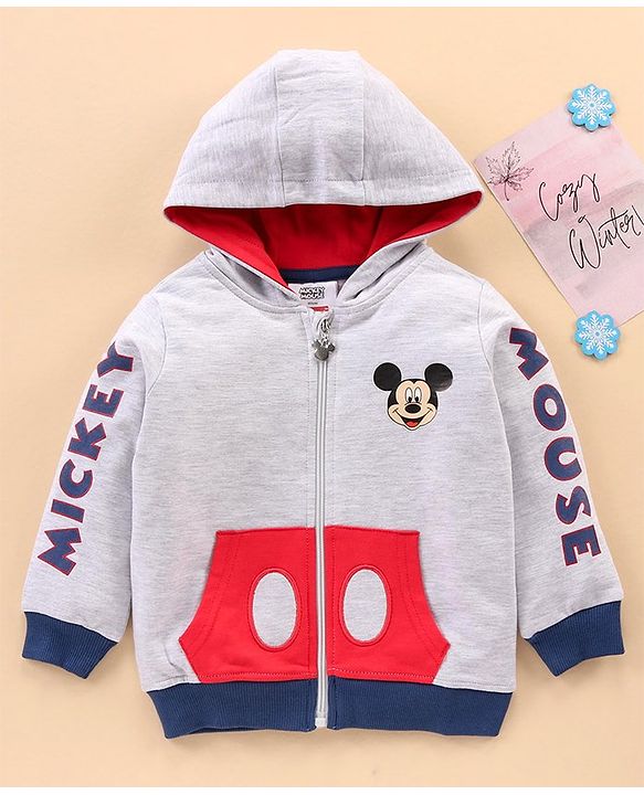 Babyhug Full Sleeves Hooded Sweat Jacket with Mickey Mouse Print & Applique - White Melange