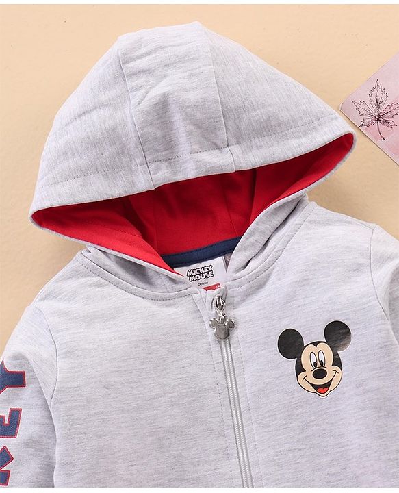 Babyhug Full Sleeves Hooded Sweat Jacket with Mickey Mouse Print & Applique - White Melange