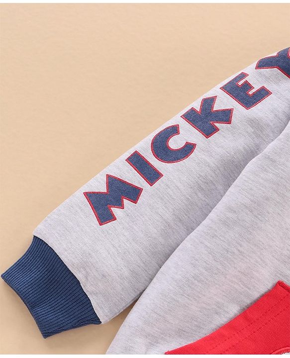 Babyhug Full Sleeves Hooded Sweat Jacket with Mickey Mouse Print & Applique - White Melange