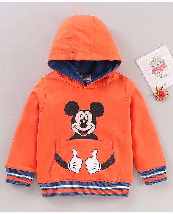 Babyhug Cotton Blend Full Sleeves Hooded Sweatshirt Mickey Mouse Print & Tipping Flat Rib - Orange