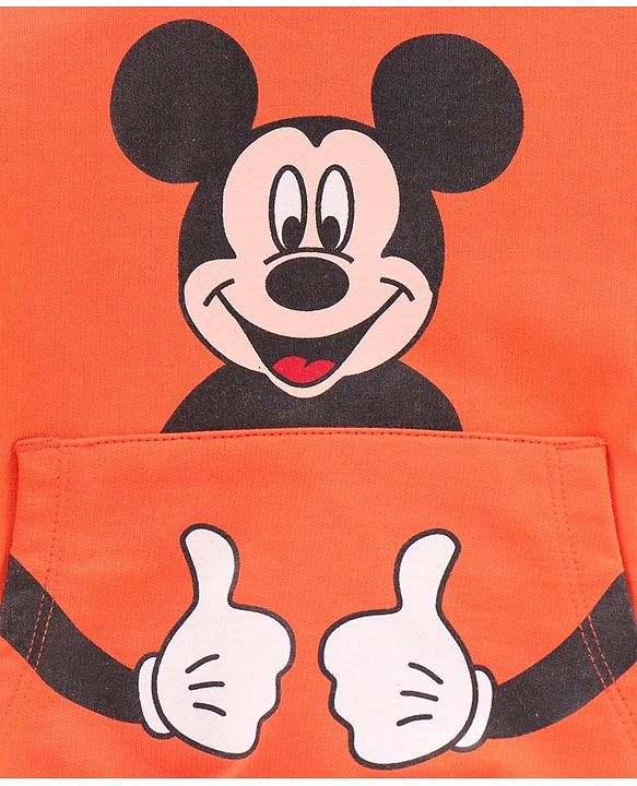 Babyhug Cotton Blend Full Sleeves Hooded Sweatshirt Mickey Mouse Print & Tipping Flat Rib - Orange