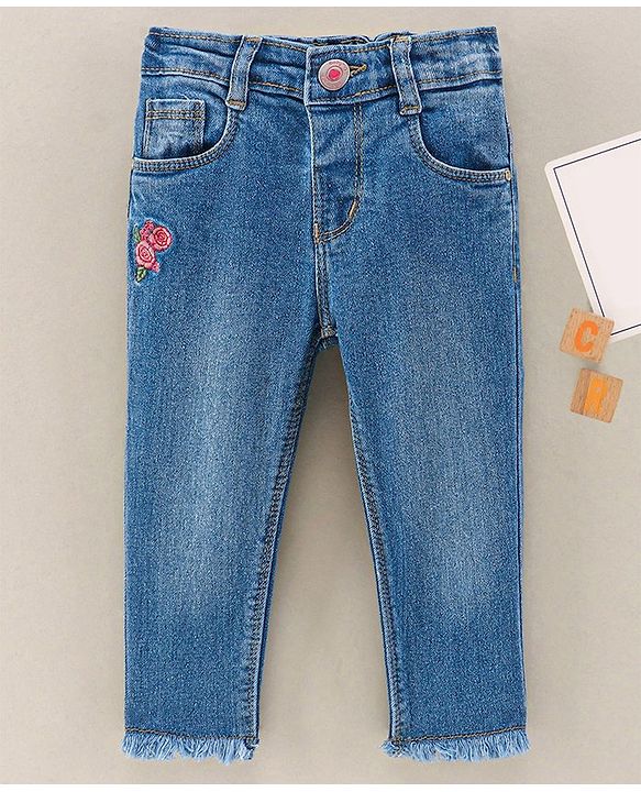 Babyhug Full Length  Washed Denim Jeans  Rose Embroidered - Blue