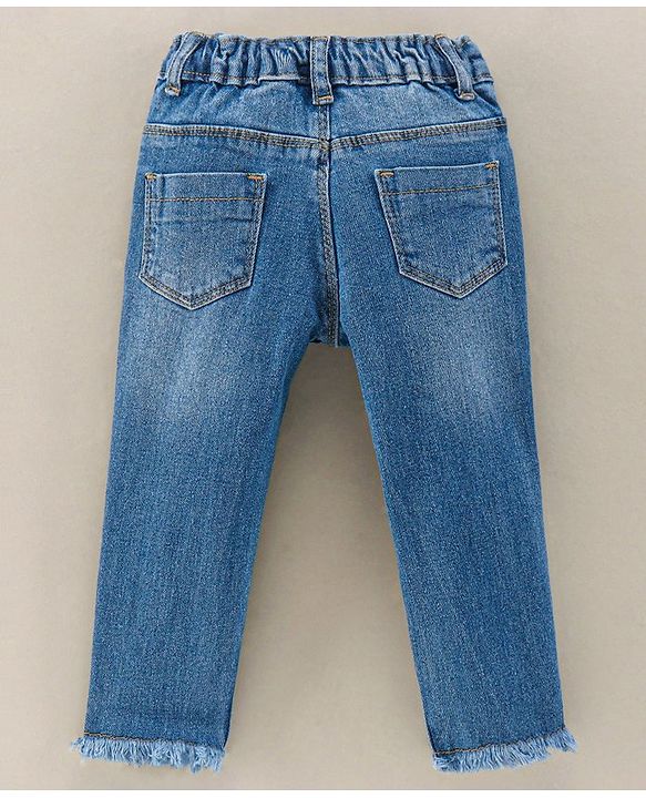 Babyhug Full Length  Washed Denim Jeans  Rose Embroidered - Blue