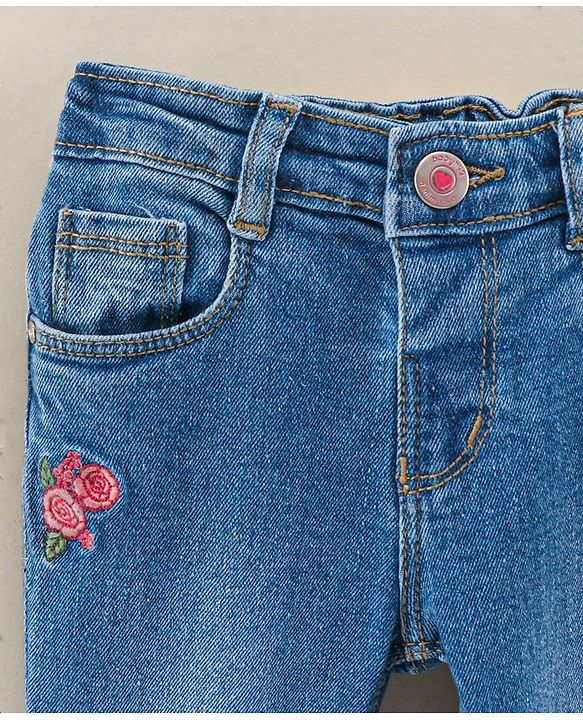 Babyhug Full Length  Washed Denim Jeans  Rose Embroidered - Blue