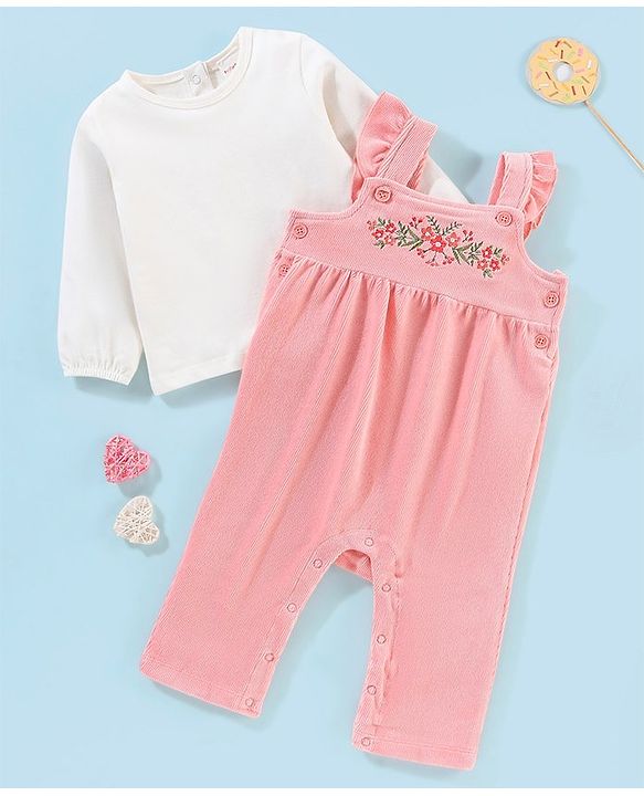 Babyhug 100% Cotton Dungaree With Full Sleeves T-Shirt Floral Embroidery - White & Pink