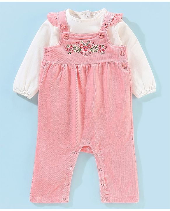 Babyhug 100% Cotton Dungaree With Full Sleeves T-Shirt Floral Embroidery - White & Pink