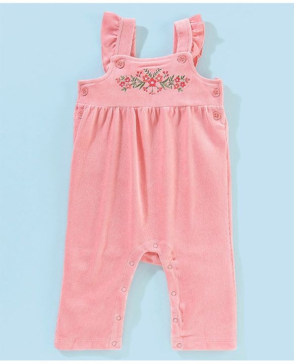 Babyhug 100% Cotton Dungaree With Full Sleeves T-Shirt Floral Embroidery - White & Pink