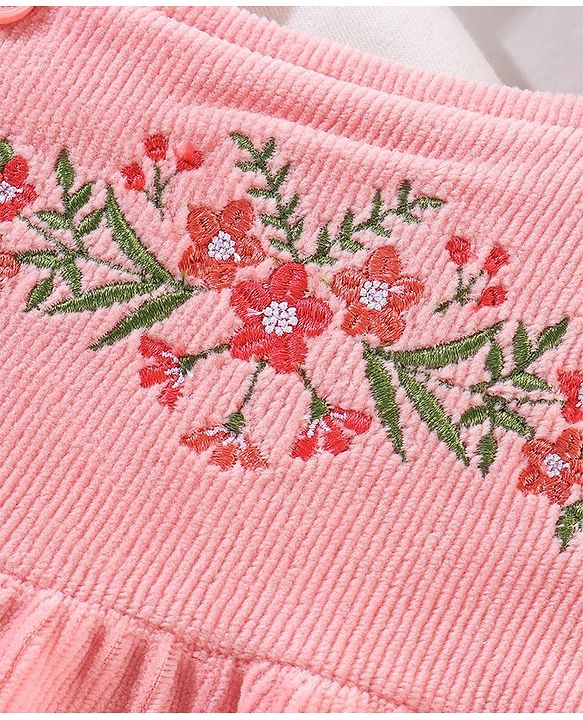 Babyhug 100% Cotton Dungaree With Full Sleeves T-Shirt Floral Embroidery - White & Pink