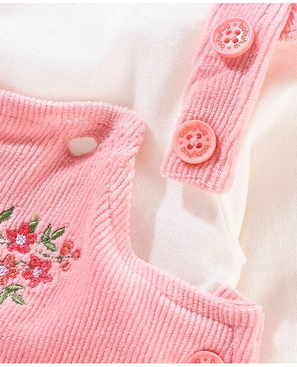 Babyhug 100% Cotton Dungaree With Full Sleeves T-Shirt Floral Embroidery - White & Pink