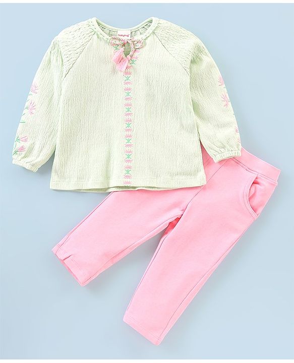 Babyhug 100% Viscose Woven Full Sleeves Embroidered Top and Jeggings Set - Pink & Green