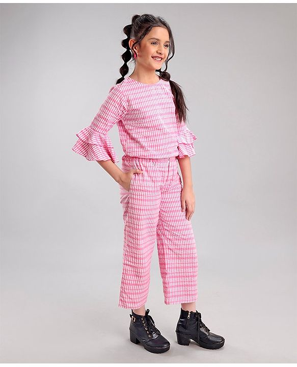 Pine Kids Cotton Three Fourth Bell Sleeves Woven Top With Pajama Set- Pink