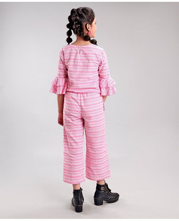 Pine Kids Cotton Three Fourth Bell Sleeves Woven Top With Pajama Set- Pink