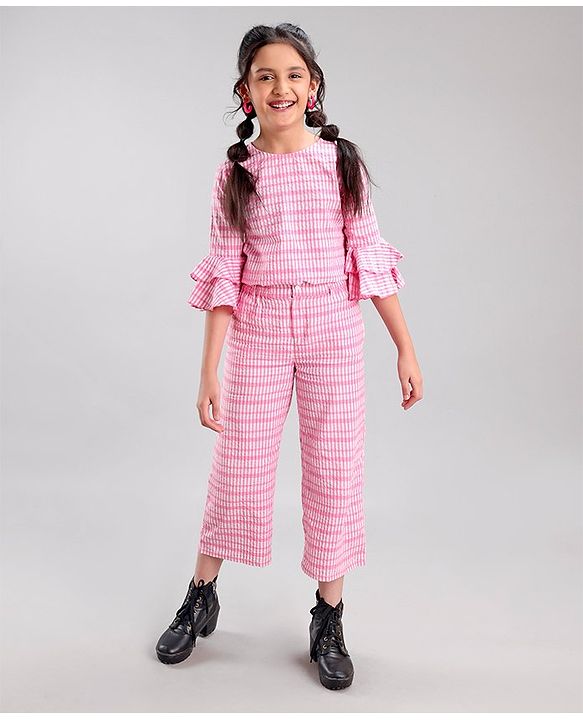 Pine Kids Cotton Three Fourth Bell Sleeves Woven Top With Pajama Set- Pink