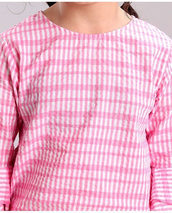 Pine Kids Cotton Three Fourth Bell Sleeves Woven Top With Pajama Set- Pink