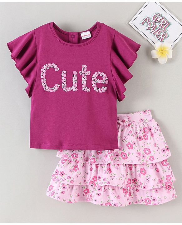 Babyhug Half Sleeves Top and Skirt Floral Embroidery - Purple
