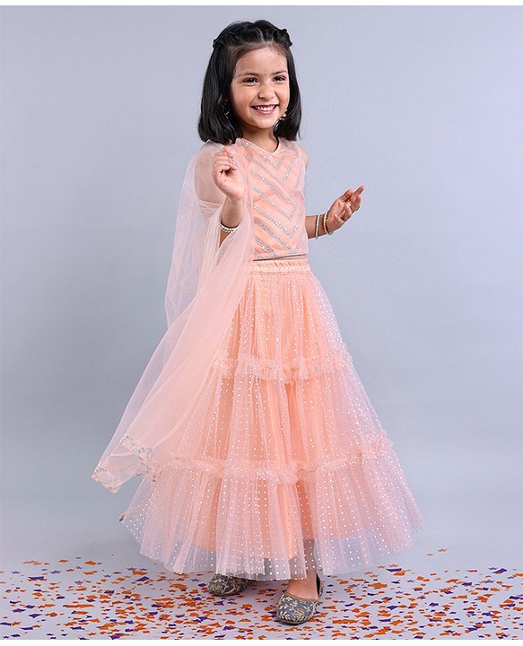 Babyhug Sleeveless Sequined Choli Lehenga with Bordered Dupatta - Sea Pink
