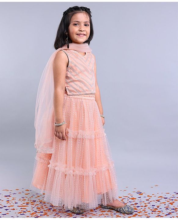 Babyhug Sleeveless Sequined Choli Lehenga with Bordered Dupatta - Sea Pink
