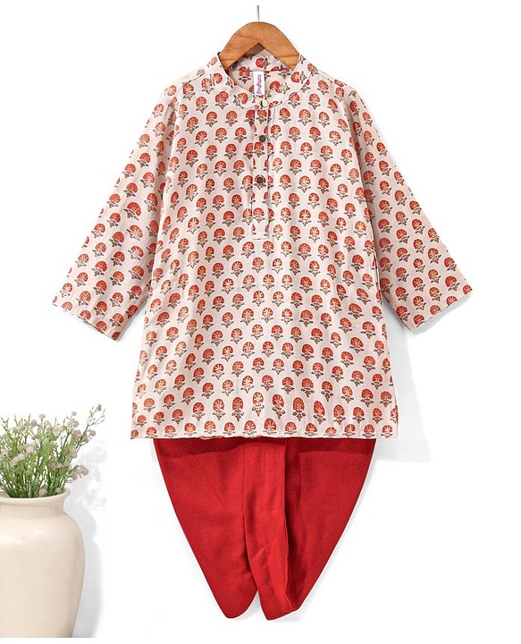 Babyhug Full Sleeves Brocade Kurta & Dhoti Set Floral Print - Cream Orange
