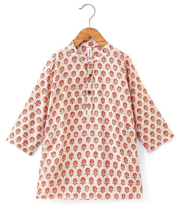 Babyhug Full Sleeves Brocade Kurta & Dhoti Set Floral Print - Cream Orange