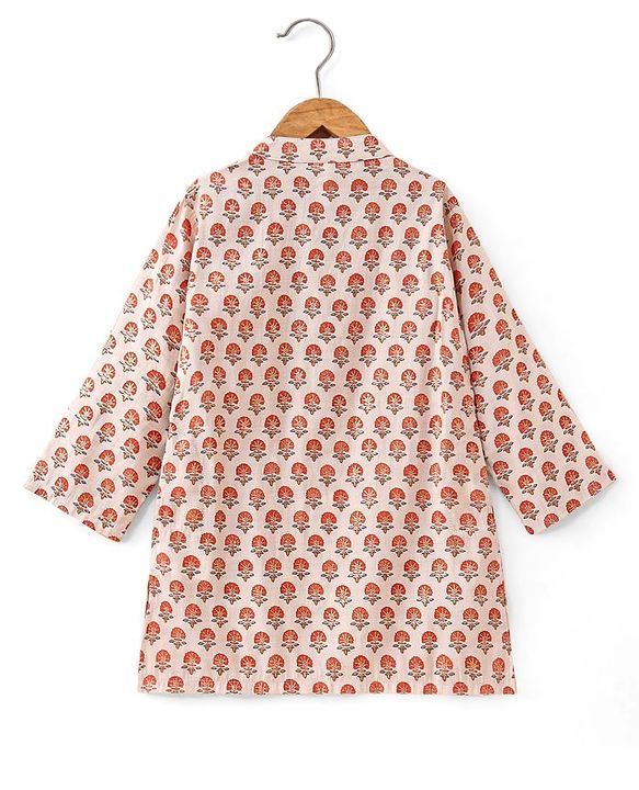 Babyhug Full Sleeves Brocade Kurta & Dhoti Set Floral Print - Cream Orange