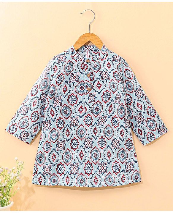 Babyhug Cotton Full Sleeves Digital Printed Kurta - Light Blue