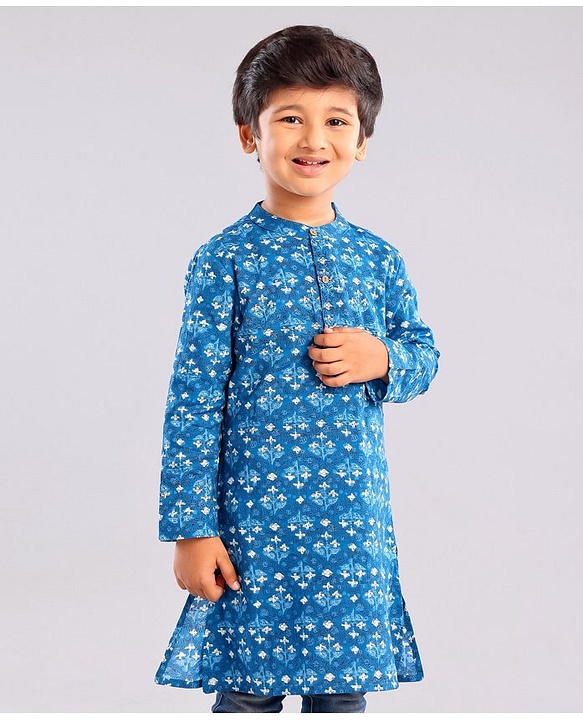 Babyhug Cotton Woven Full Sleeves Floral Printed Kurta - Indigo