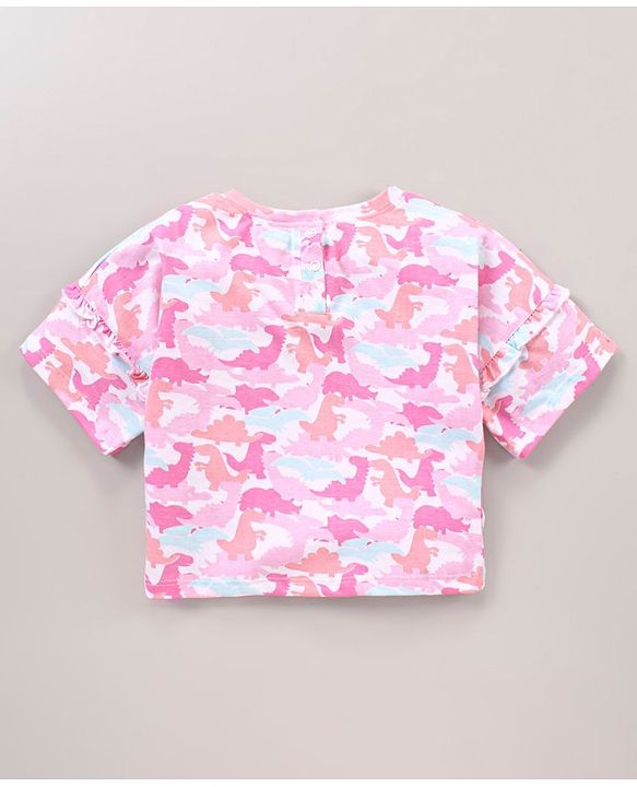 Babyhug Three Fourth Sleeves Drop Shoulder T-Shirt With Dinosaur Print and Frill Detailing - Pink