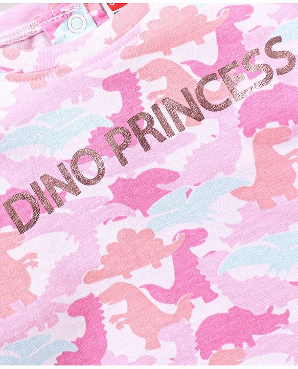 Babyhug Three Fourth Sleeves Drop Shoulder T-Shirt With Dinosaur Print and Frill Detailing - Pink