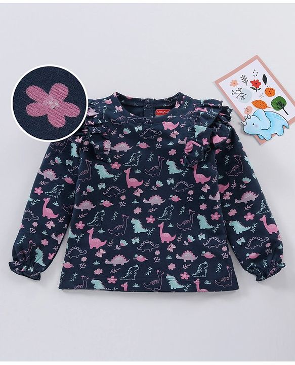 Babyhug Full Sleeves Top With Frill Detailing & Dino Print - Navy Blue