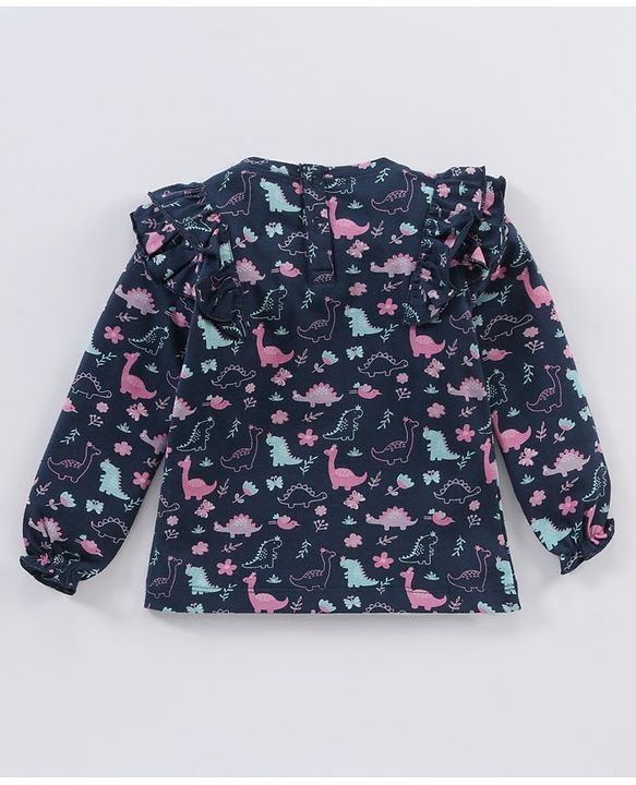 Babyhug Full Sleeves Top With Frill Detailing & Dino Print - Navy Blue