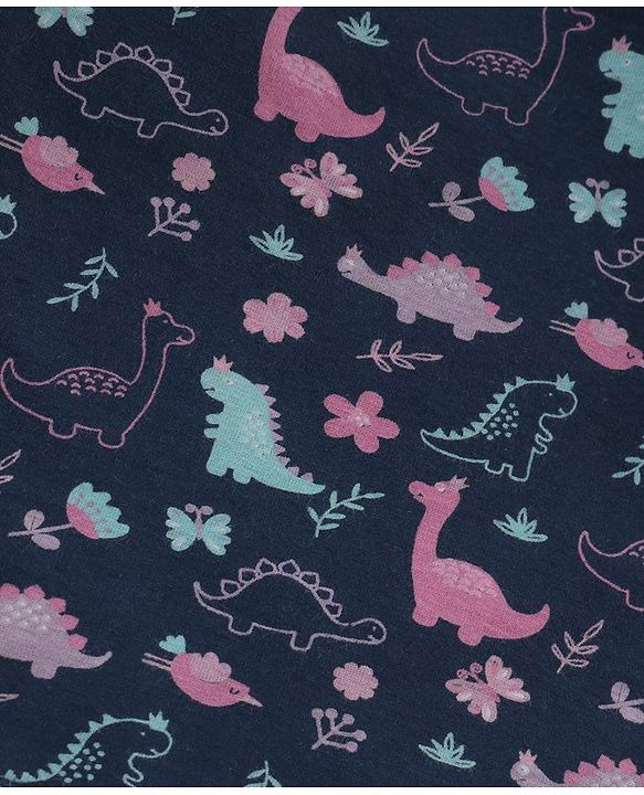 Babyhug Full Sleeves Top With Frill Detailing & Dino Print - Navy Blue